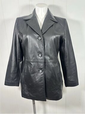 JLC New York Sz XL Women's Black Leather Button Front Coat Jacket Mid-Length
